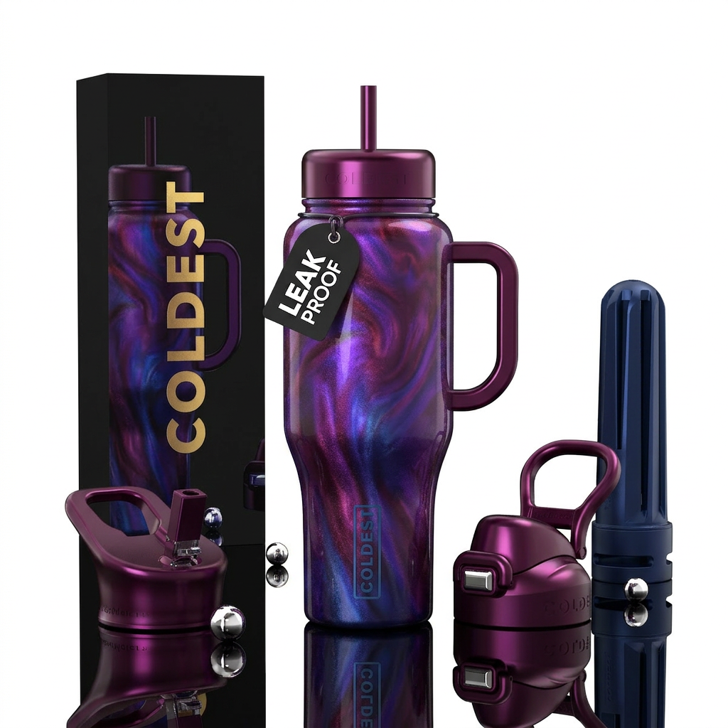 Purple, garnet and blue, swirls, luminescent, colo... water bottle design