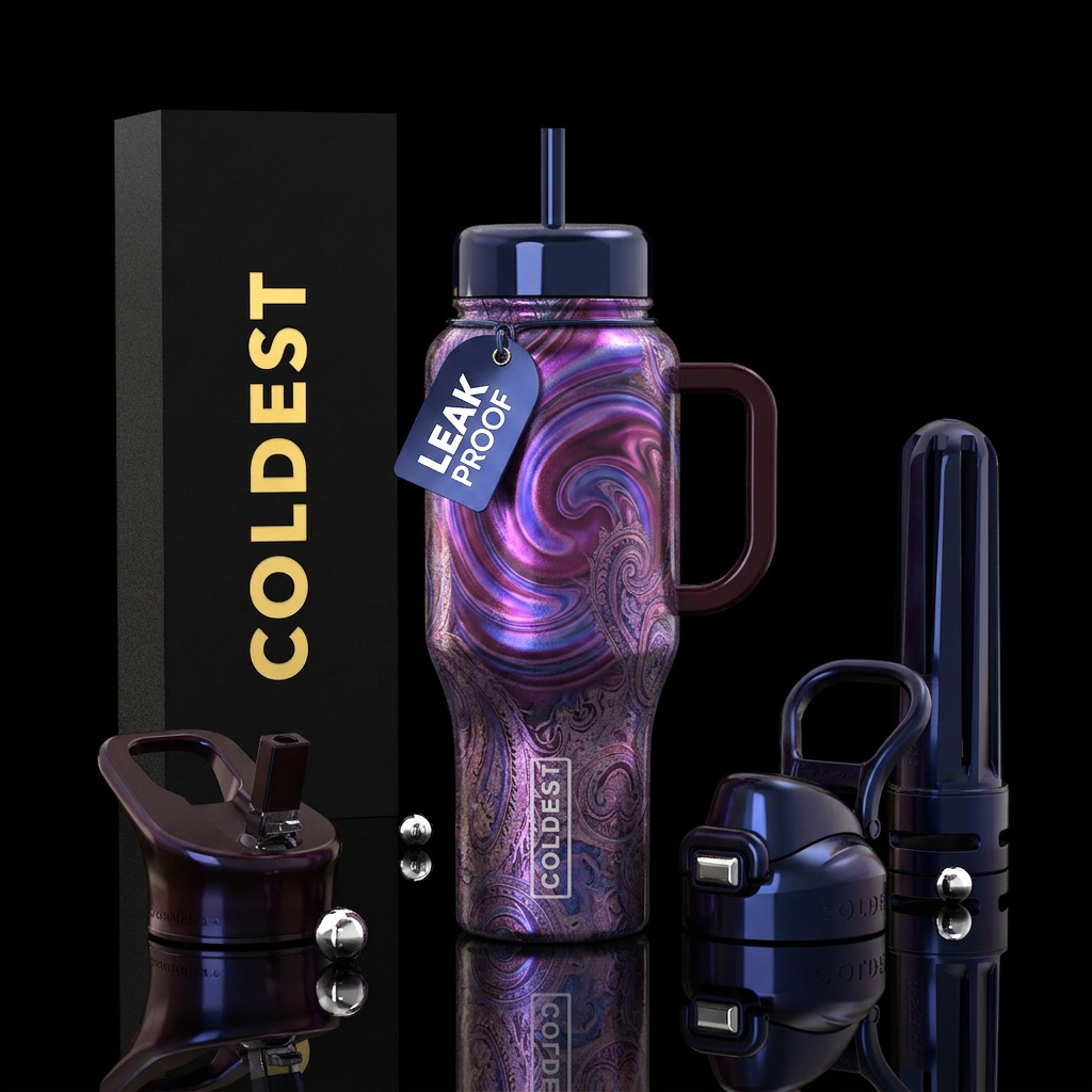 Dark shiny handle and lid, Purple, garnet and blue... water bottle design