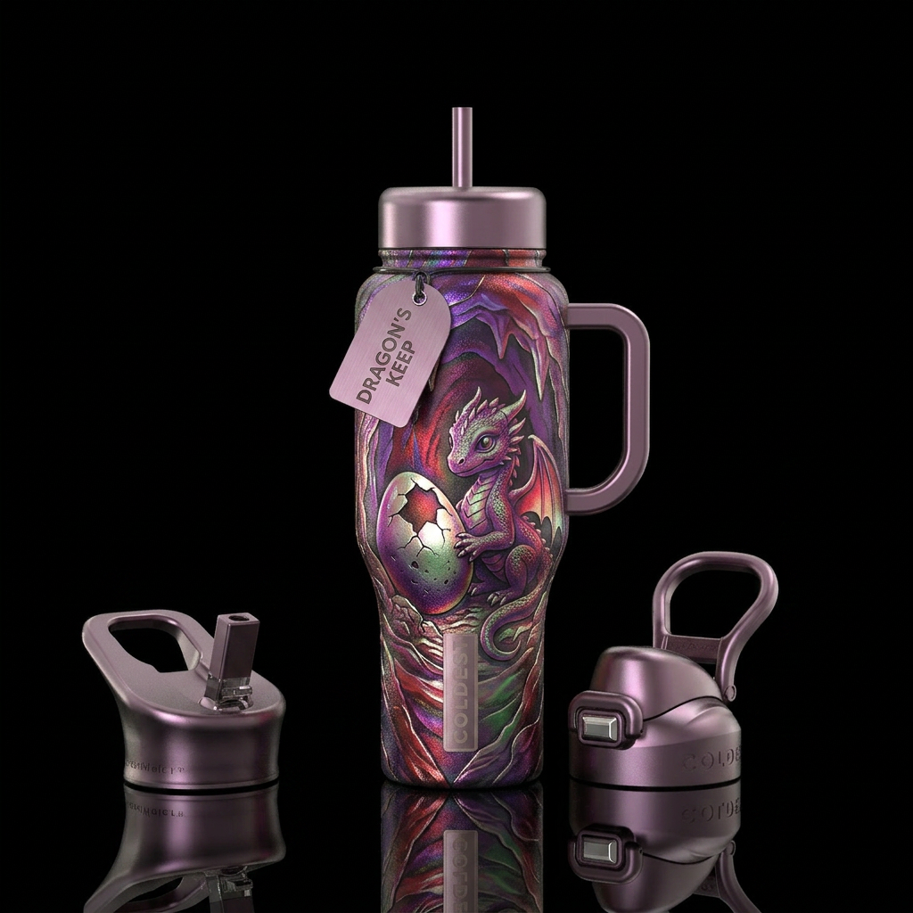 Baby dragon next to cracked egg in a cave, purple ... water bottle design