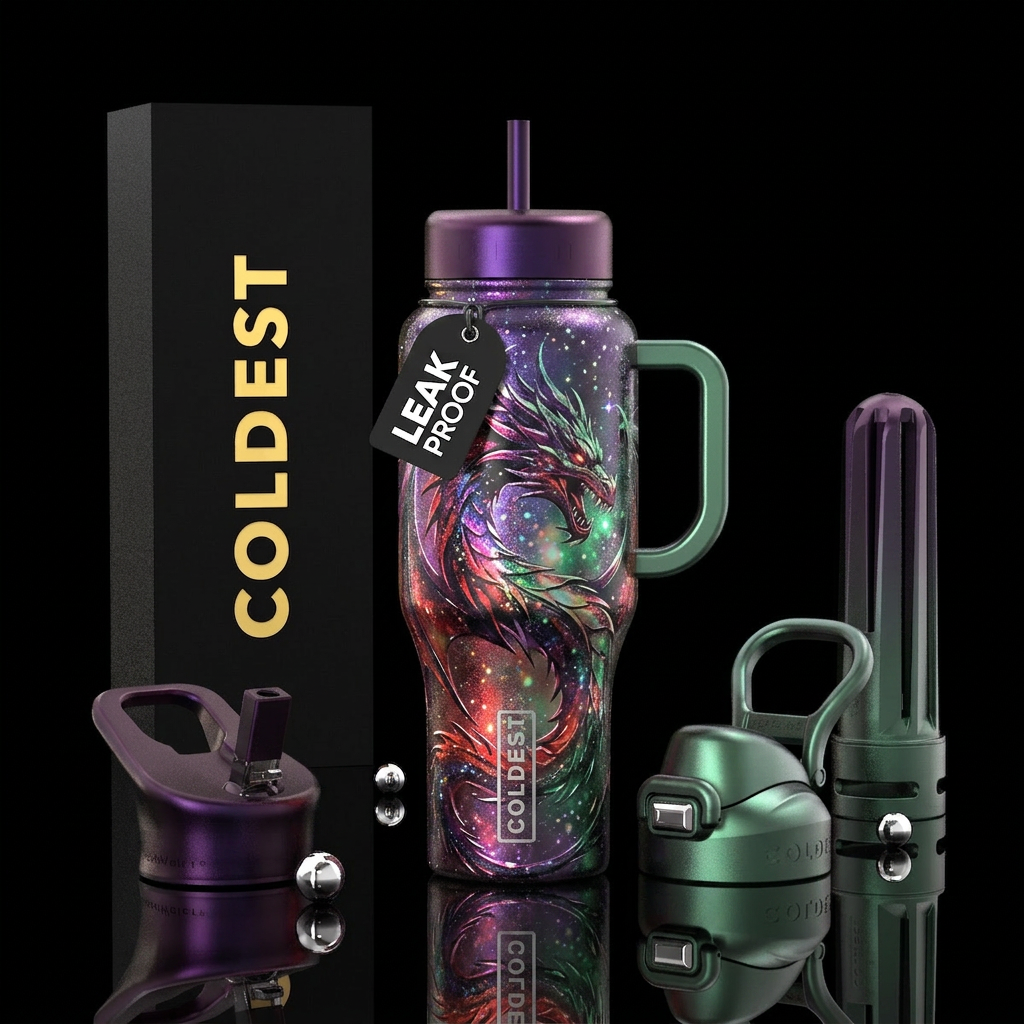 Winter scene, abstract, stary, purple red and gree... water bottle design