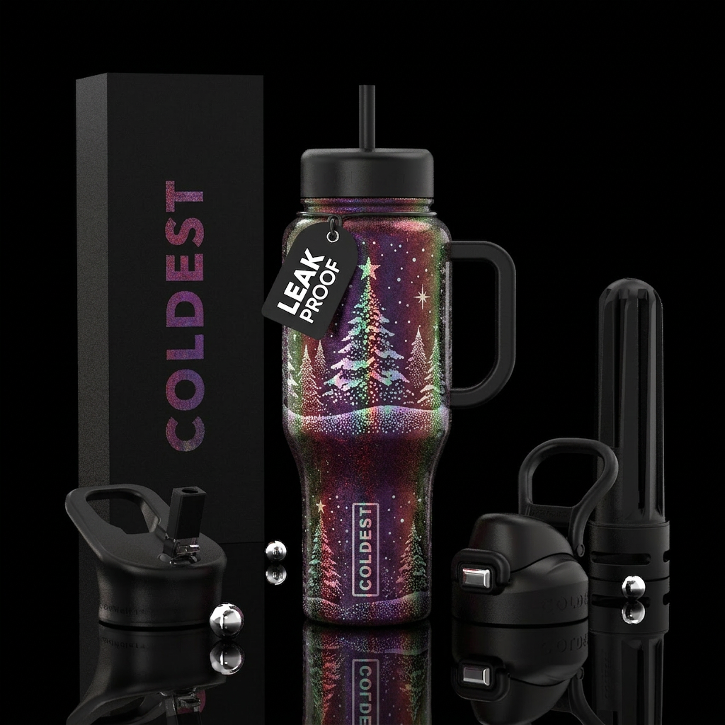 Trees, snowy, Winter scene, abstract, stary, purpl... water bottle design