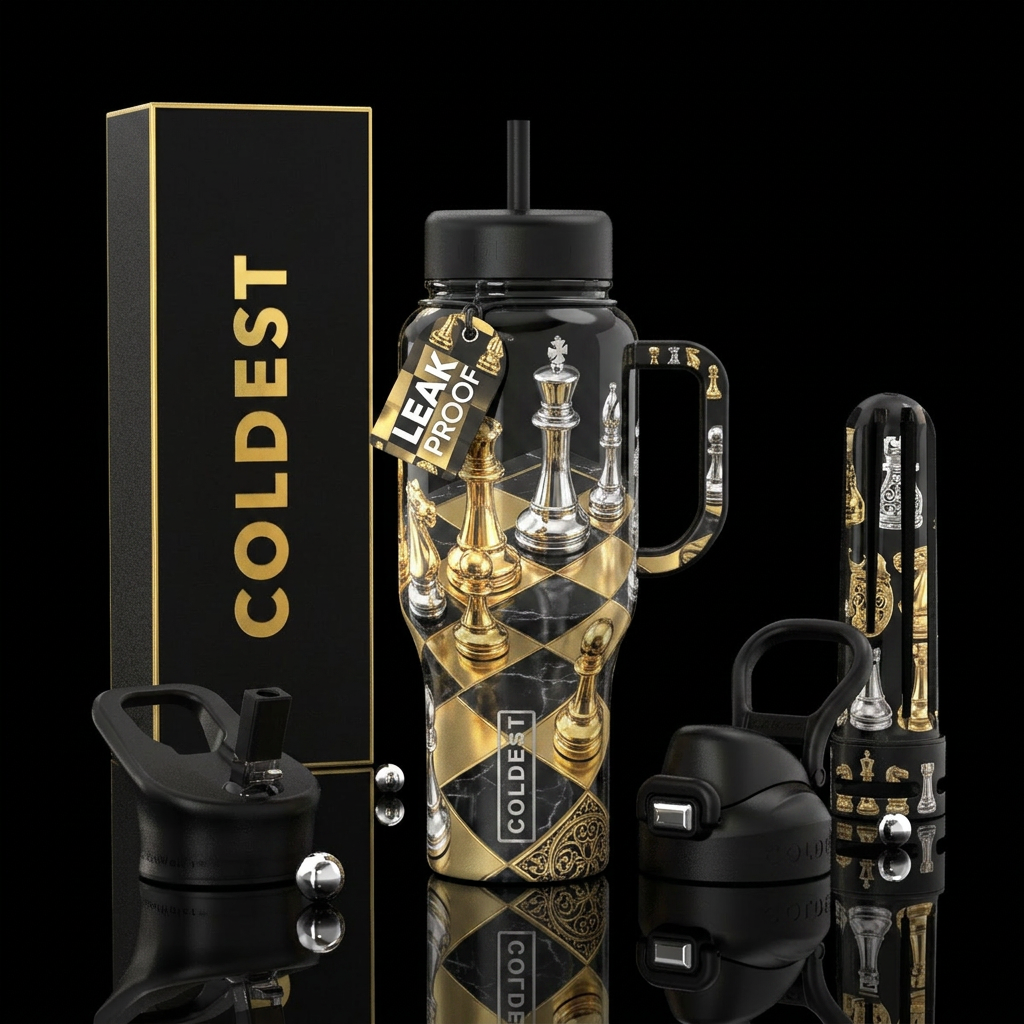 Brainy, Chess pieces on a board, highly polished a... water bottle design