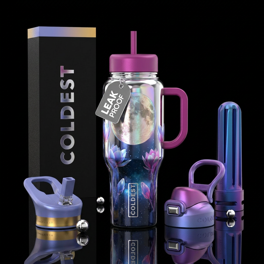 Realism, moon, Spring flowers in the bud, cosmos, ... water bottle design