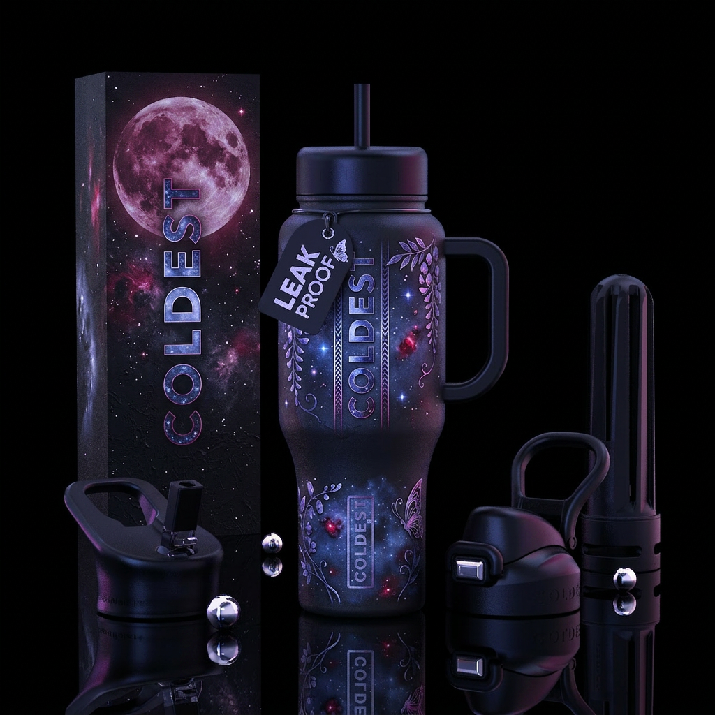 Onyx, Realism, moon, Spring flowers in the bud, co... water bottle design