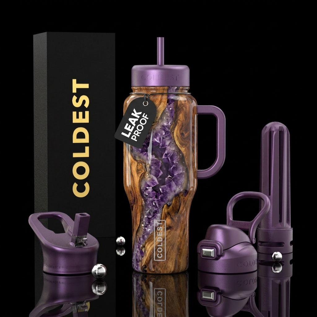 Rustic, fluid, art, Wood grain and amethyst laid f... water bottle design