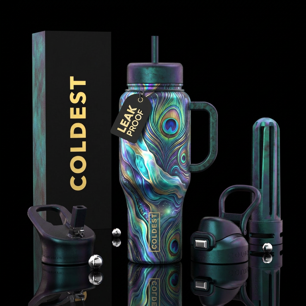 Peacock feathers, fluid,, neon, soul, patina, drea... water bottle design