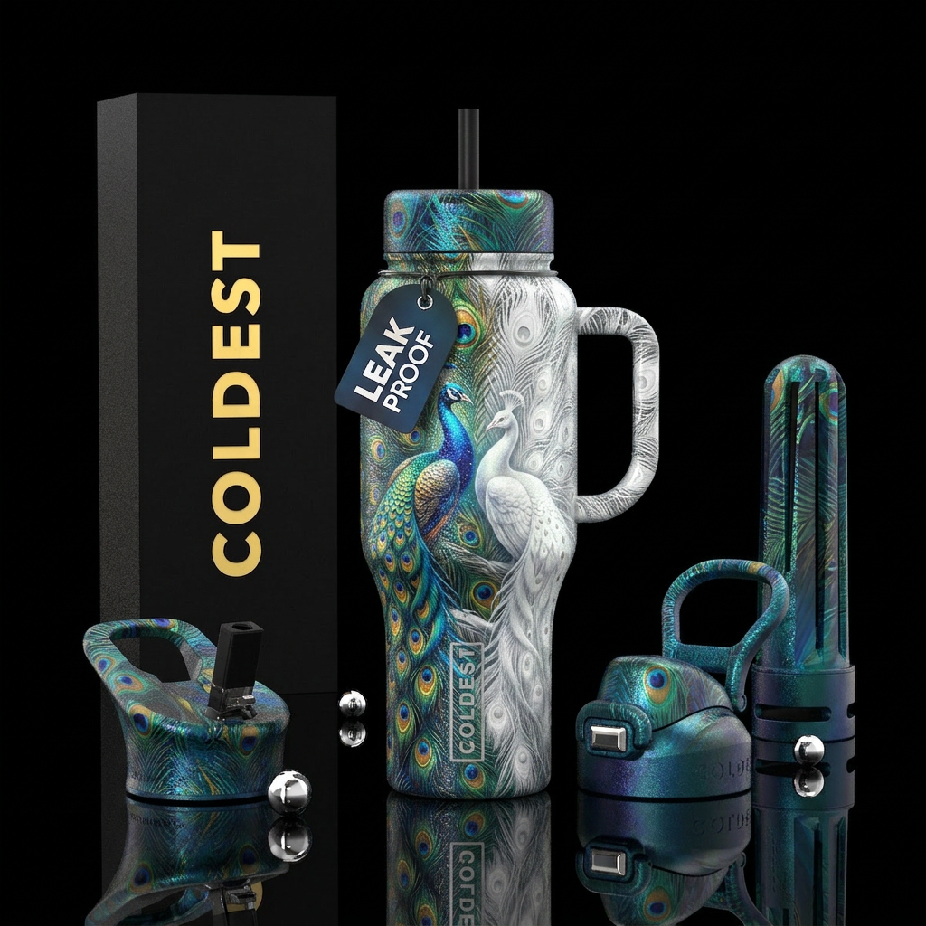 Highly detailed, Peacock, two one colored the othe... water bottle design