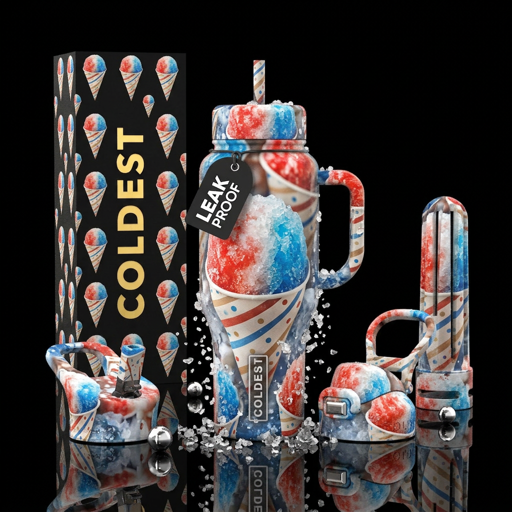 Realism, actual Snow cone in paper cup, ice bits f... water bottle design
