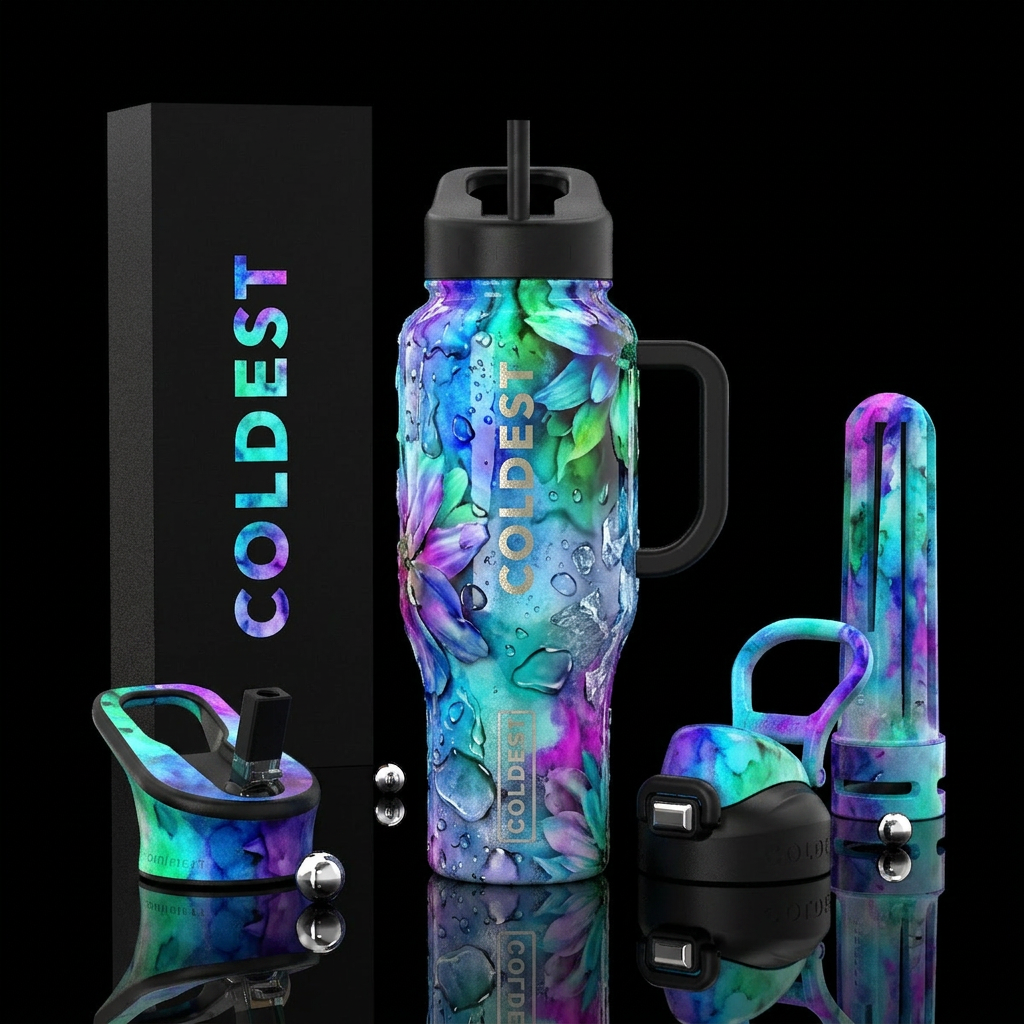 Multi textures, petals, glass, water, paint, ice,,... water bottle design