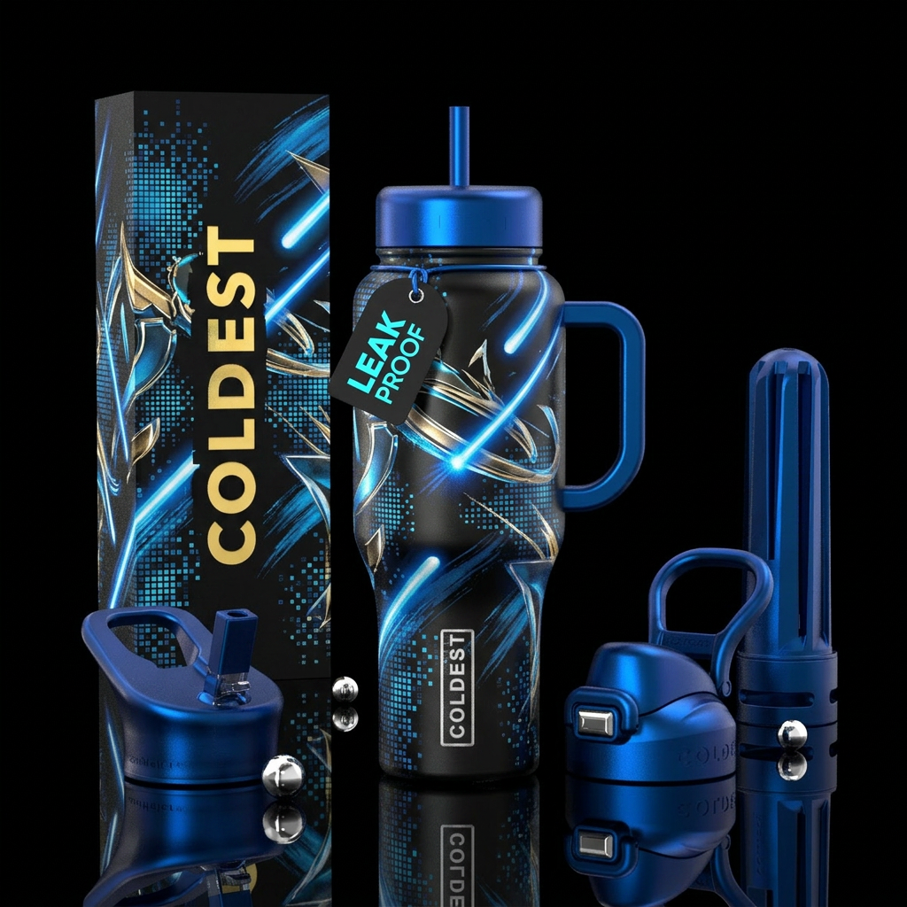 Laser rods with bright blue light, abstract,, meta... water bottle design