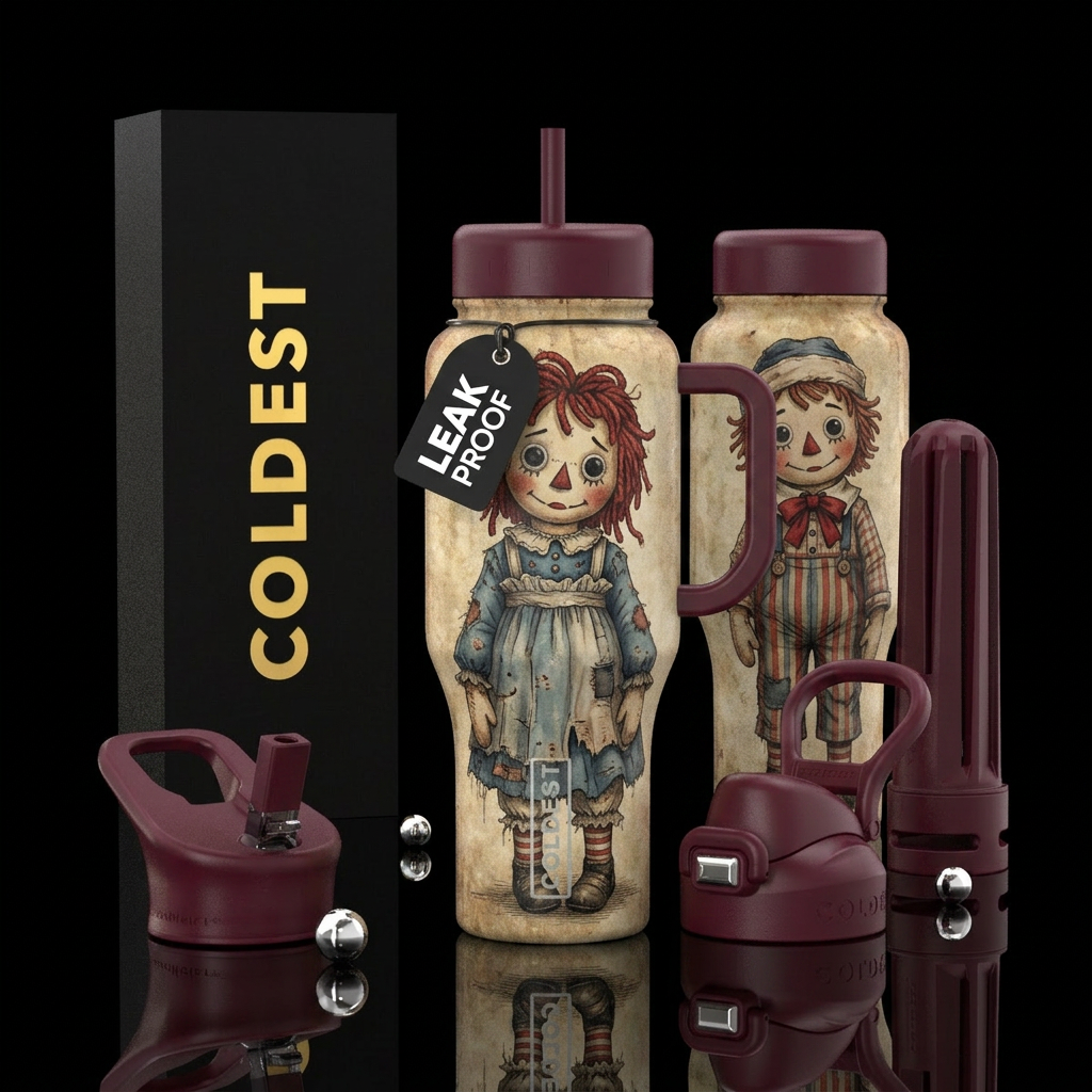 Worn, aged, Raggedy Ann on front of bottle and And... water bottle design