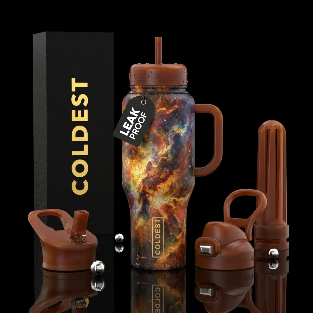 Aged, used,, sienna, nebula, oil painting, explosi... water bottle design