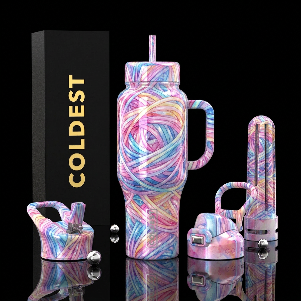 Bubblegum strings of multiple colors, wound togeth... water bottle design