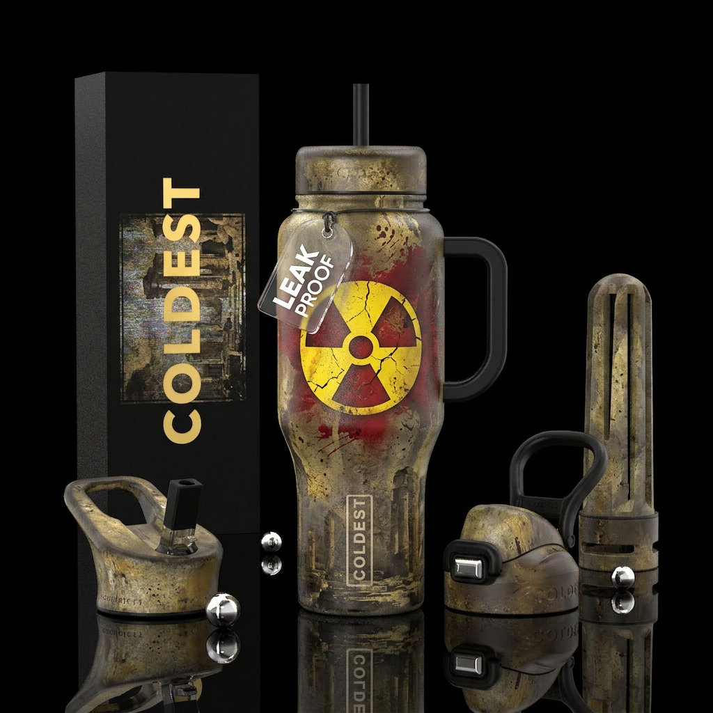 Red warning, No words, Yellow nuclear symbol, Surv... water bottle design