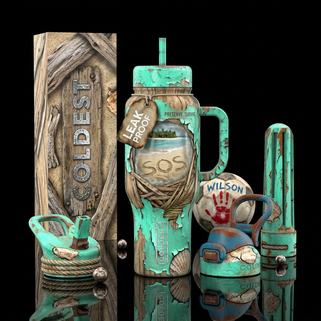 Realism, Hut made of sticks and leaves, SOS in the... water bottle design