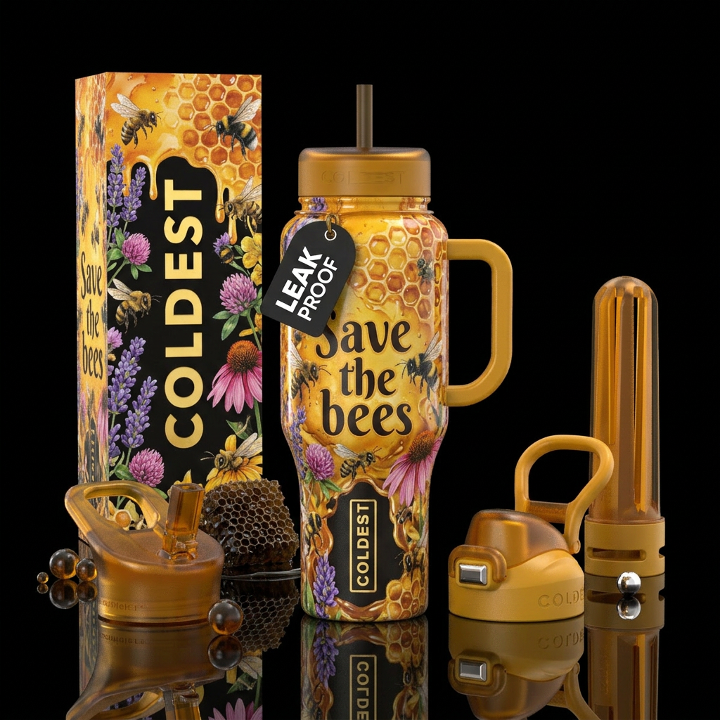 “Save the bees”, honey, hive, nectar garden, hypno... water bottle design