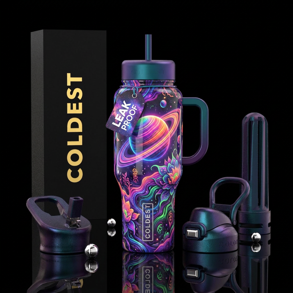 Flowers on Saturn, florescent, creepy,, gradient, ... water bottle design