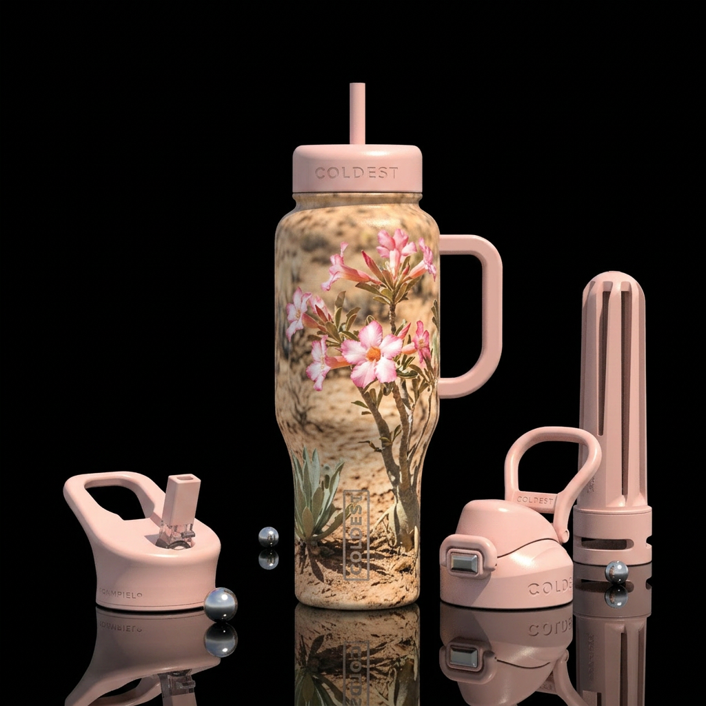 Desert roses, hot, arid, realism, sage green, deli... water bottle design