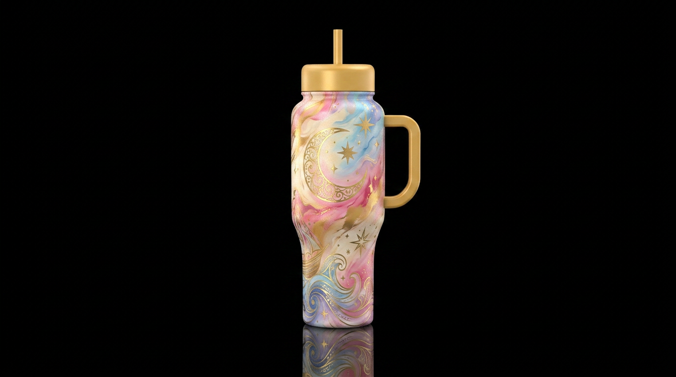 cream, pink, gold, blue, abstract, blended,, spell... water bottle design