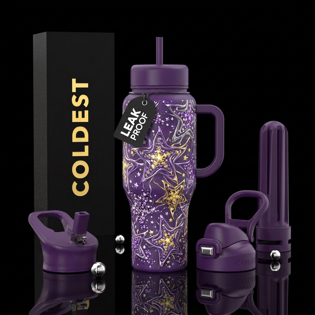 all the purples with silver and gold throughout, a... water bottle design