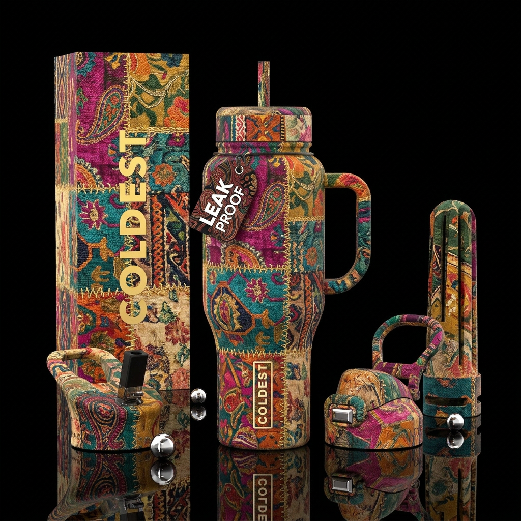 Bohemian, patchwork, tapestry, colorful, bold, hap... water bottle design