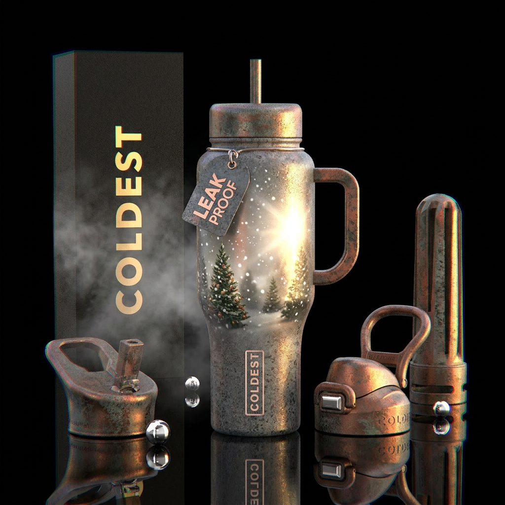 Christmas trees, snow galling, realism, bright sun... water bottle design