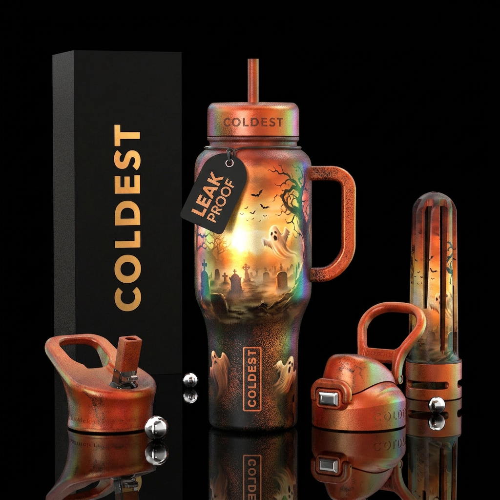 Halloween, ghosts, cemetery, bats, scary, orange, ... water bottle design