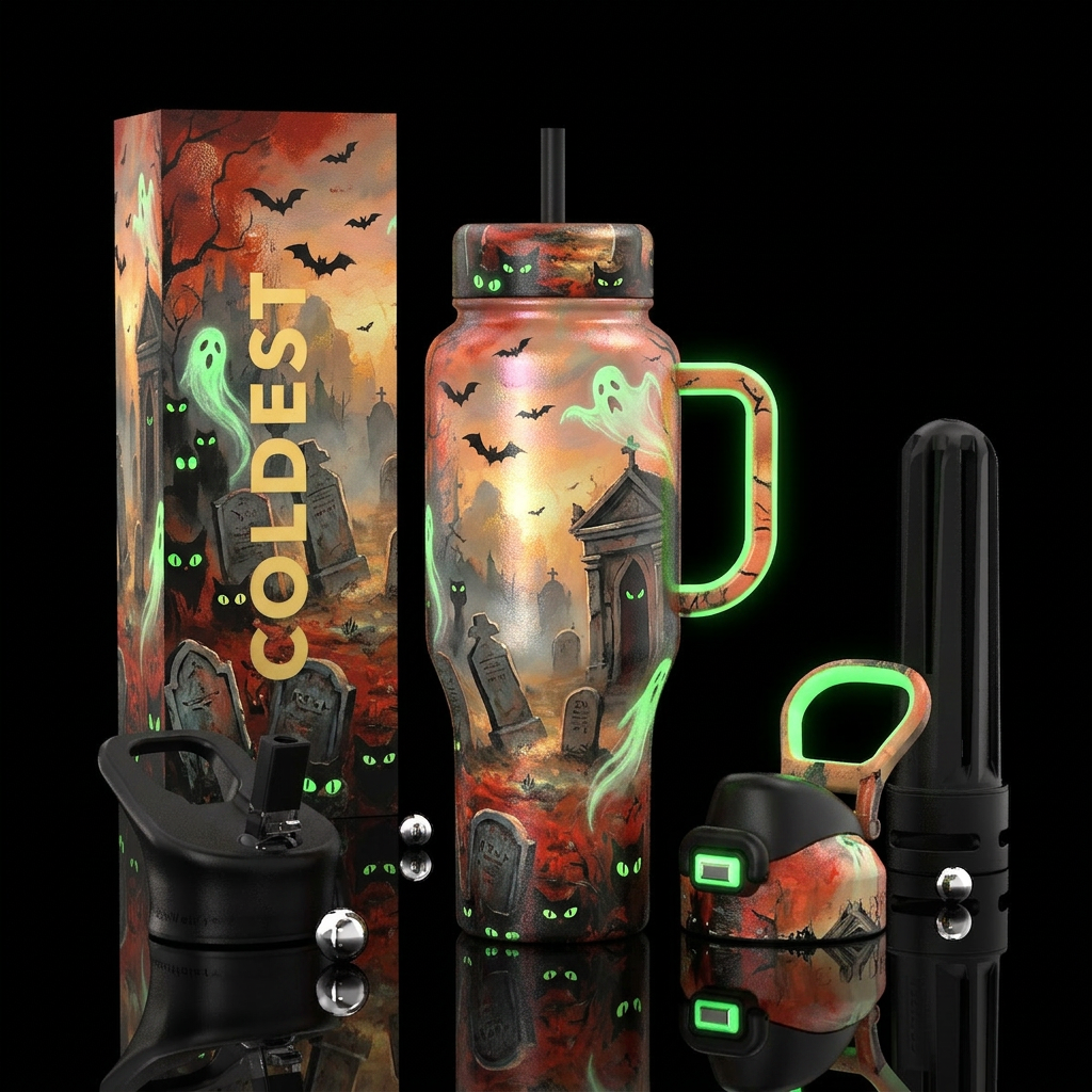 Halloween, eyes watching you, neon green glow in t... water bottle design
