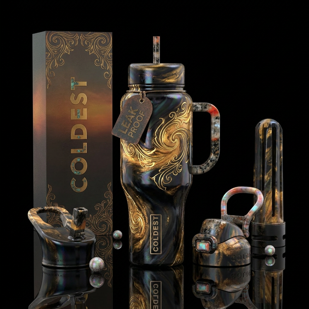 Onyx, gold magma, small swirls etched in gold, rea... water bottle design