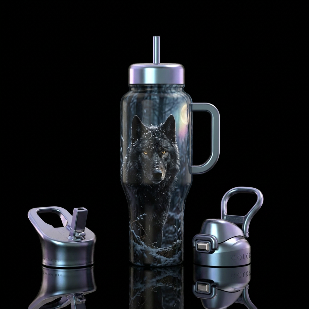 Realism, snowy, scary, wild, dark forest, Black wo... water bottle design