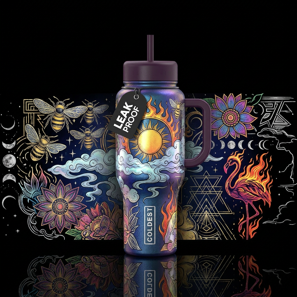 Bee, Sunshine, Flowing, misty, Abstract, flowers, ... water bottle design