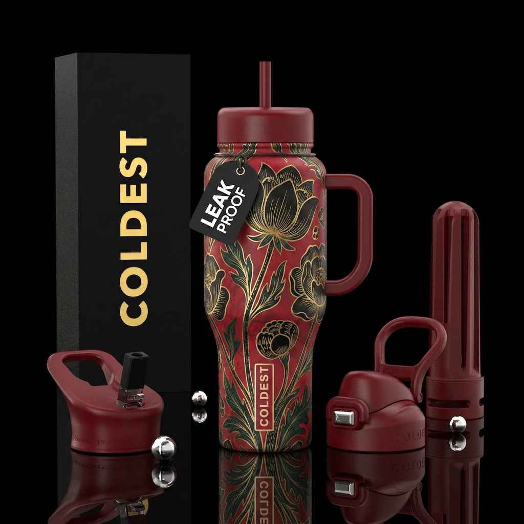 Abstract, deep red background, long stemmed huge b... water bottle design