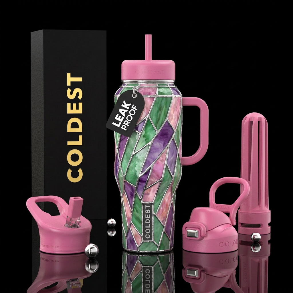 Stained glass in shape of flower, Green jade, purp... water bottle design