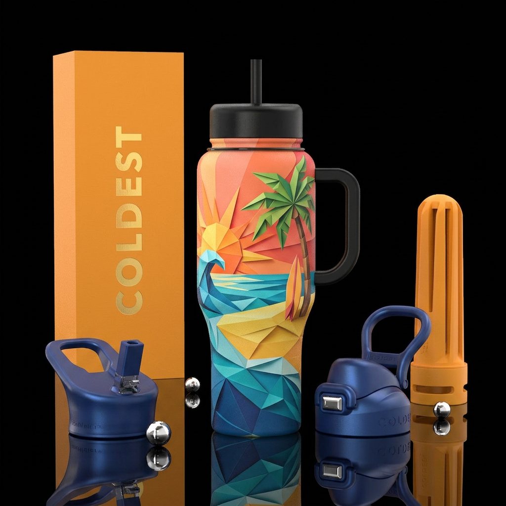 Oragami sunset on beach, water, sand, palm tree wi... water bottle design