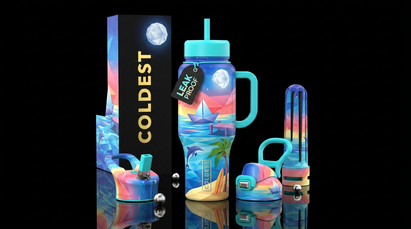 Oragami moonlight, sailboat at pier, dolphin jumpi... water bottle design