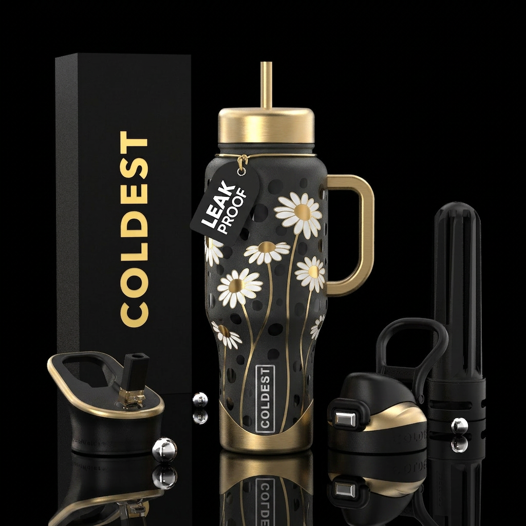 Matte black bottle, white daisies with long gold s... water bottle design