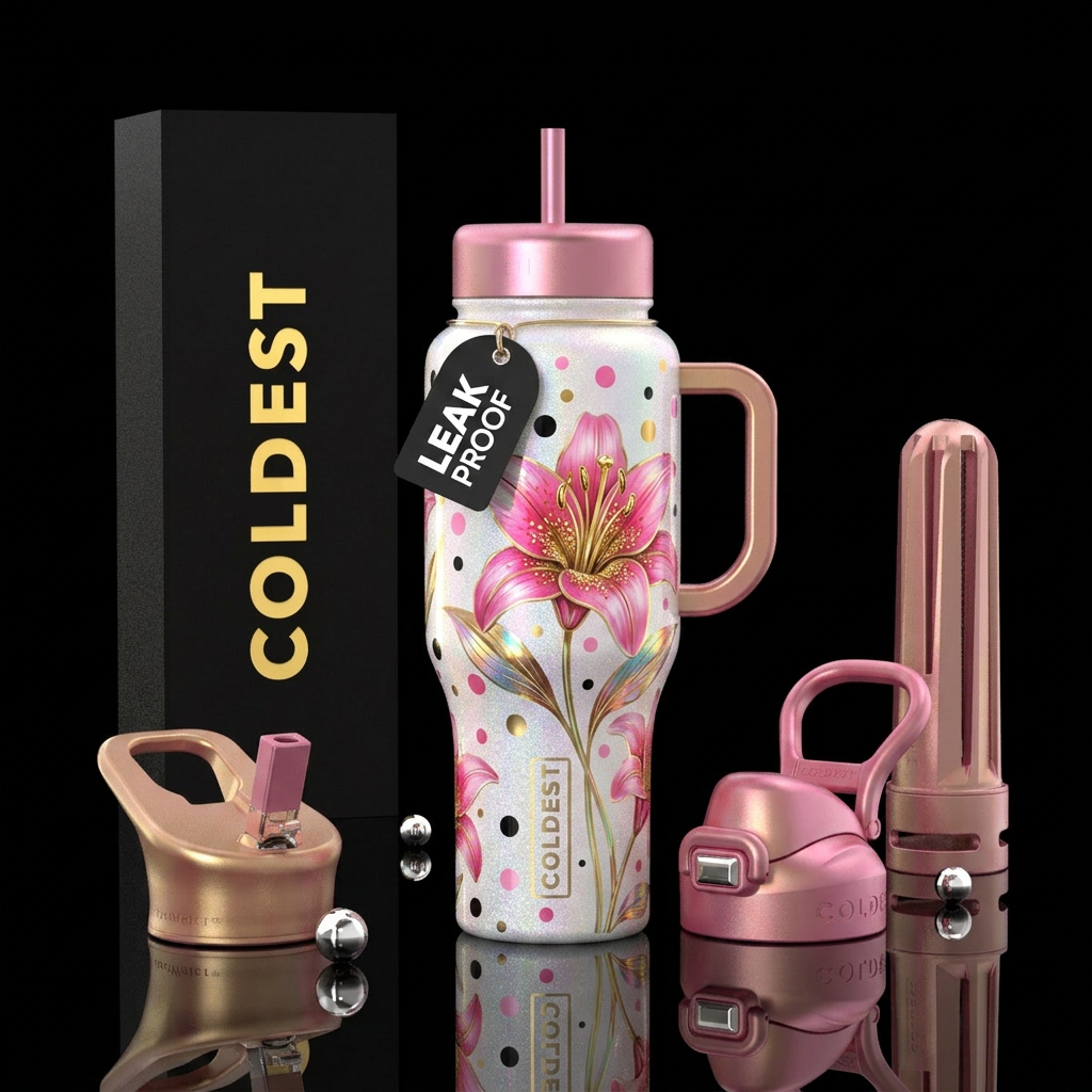 Hot pink long stemmed lilies on glitter white bott... water bottle design