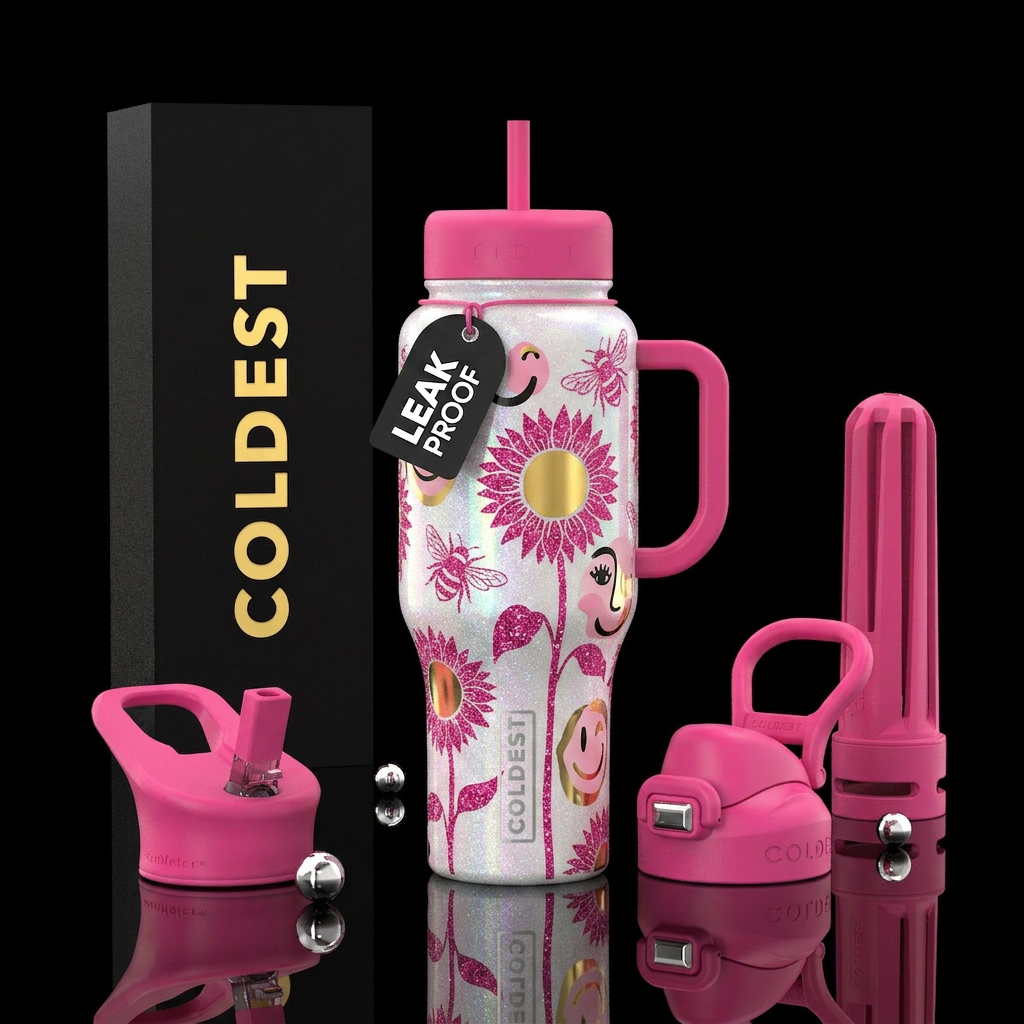 Hot pink glitter bees, long stemmed sunflowers on ... water bottle design