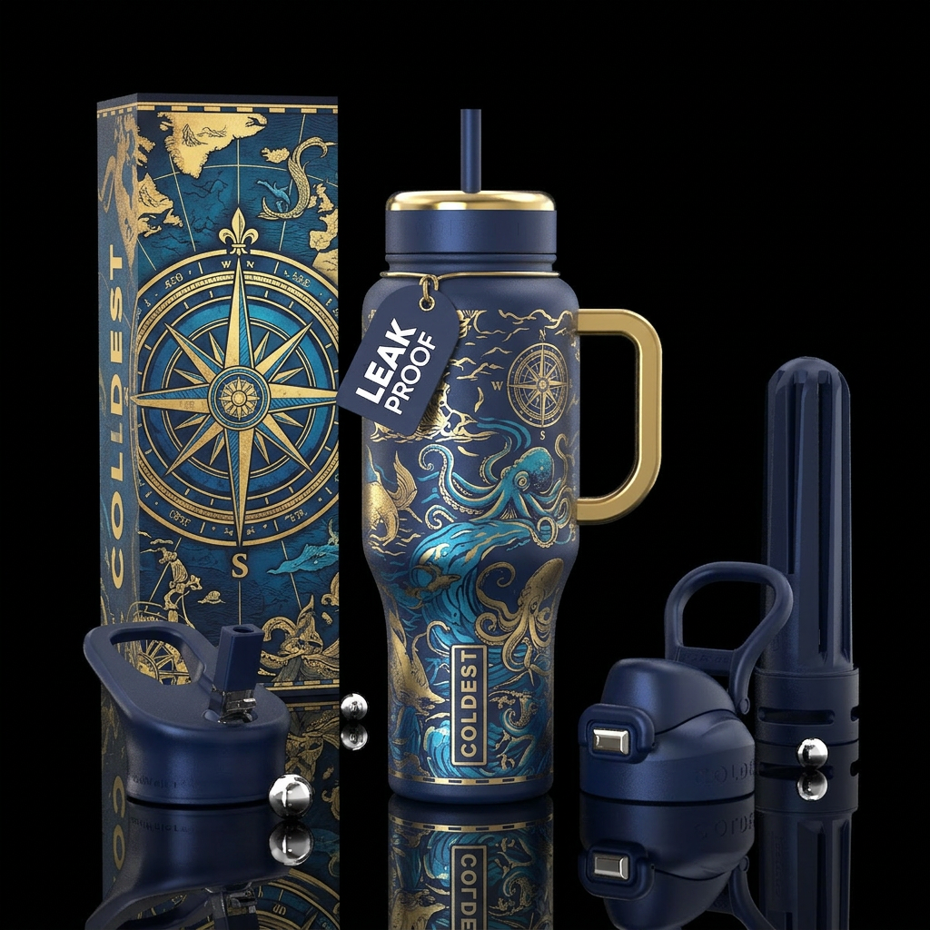 Blue, gold, nautical, whimsical, static, extravaga... water bottle design