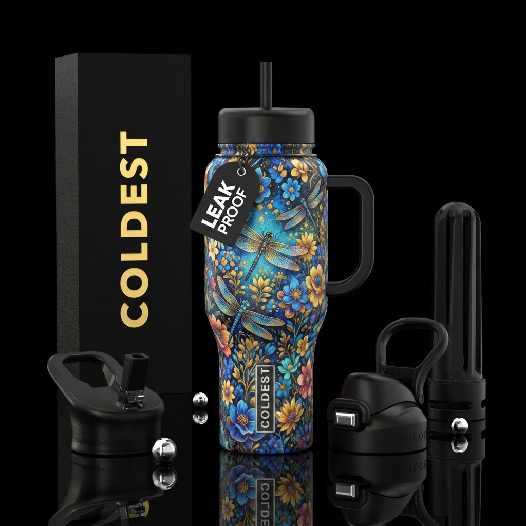 Blue, gold, , whimsical, static, extravagant, flow... water bottle design