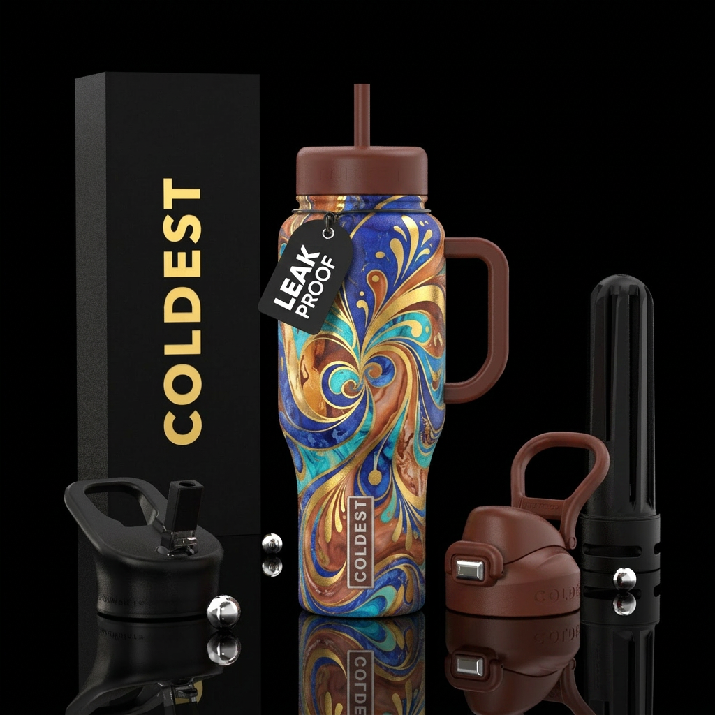 Blue, gold, whimsical, static, extravagant, vibran... water bottle design