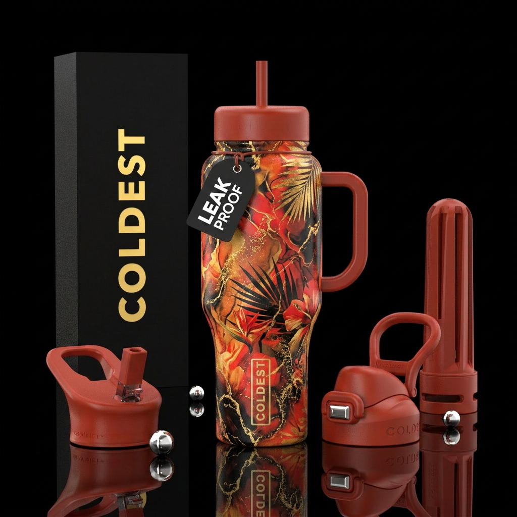 Red, black, gold, whimsical, static, extravagant, ... water bottle design