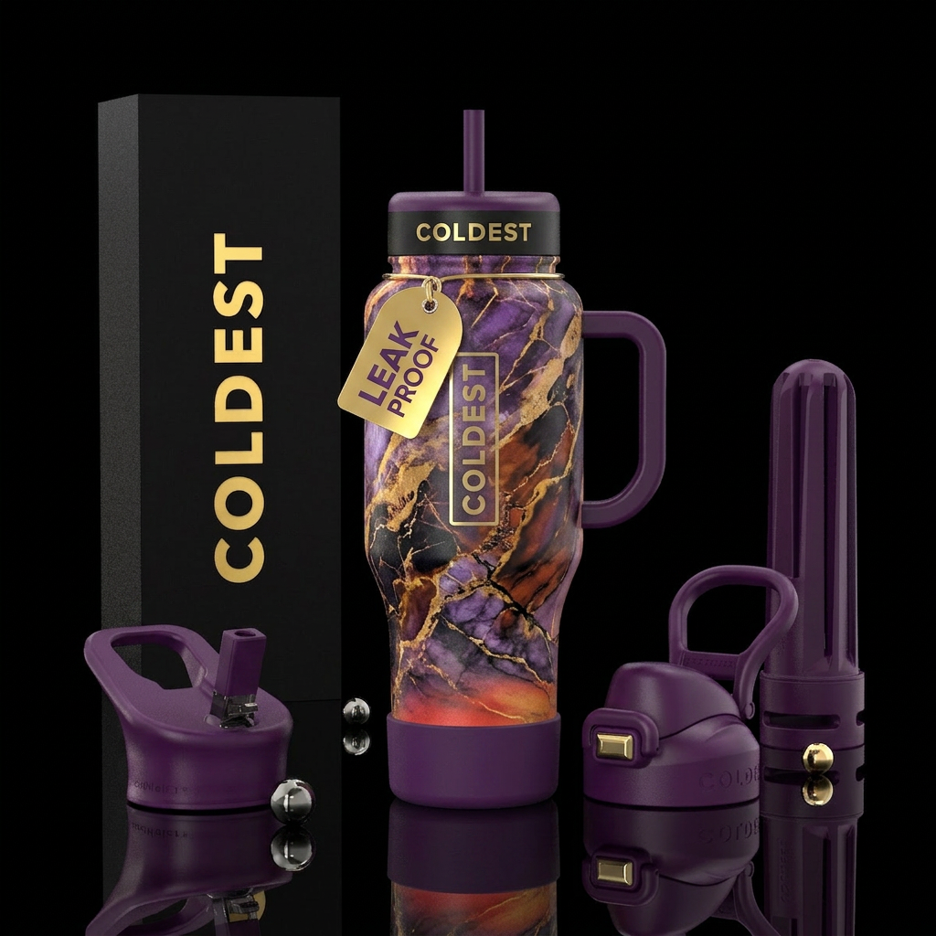Purple, black, gold, whimsical, static, extravagan... water bottle design