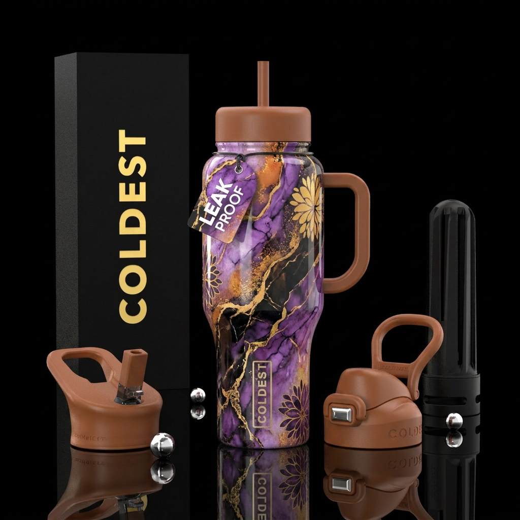 Glossy, floral, sunny, Purple, black, gold, whimsi... water bottle design