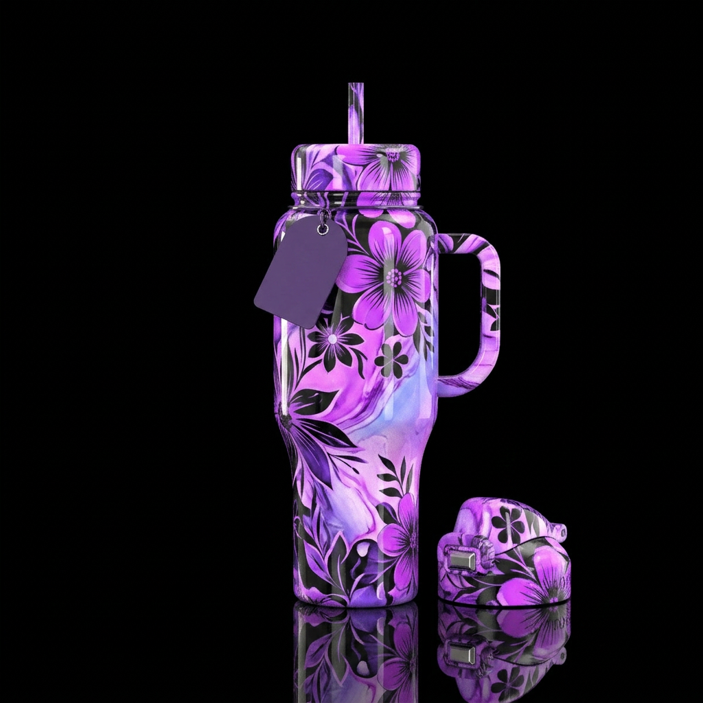 Glossy, floral, sunny, Purple, black, whimsical, s... water bottle design