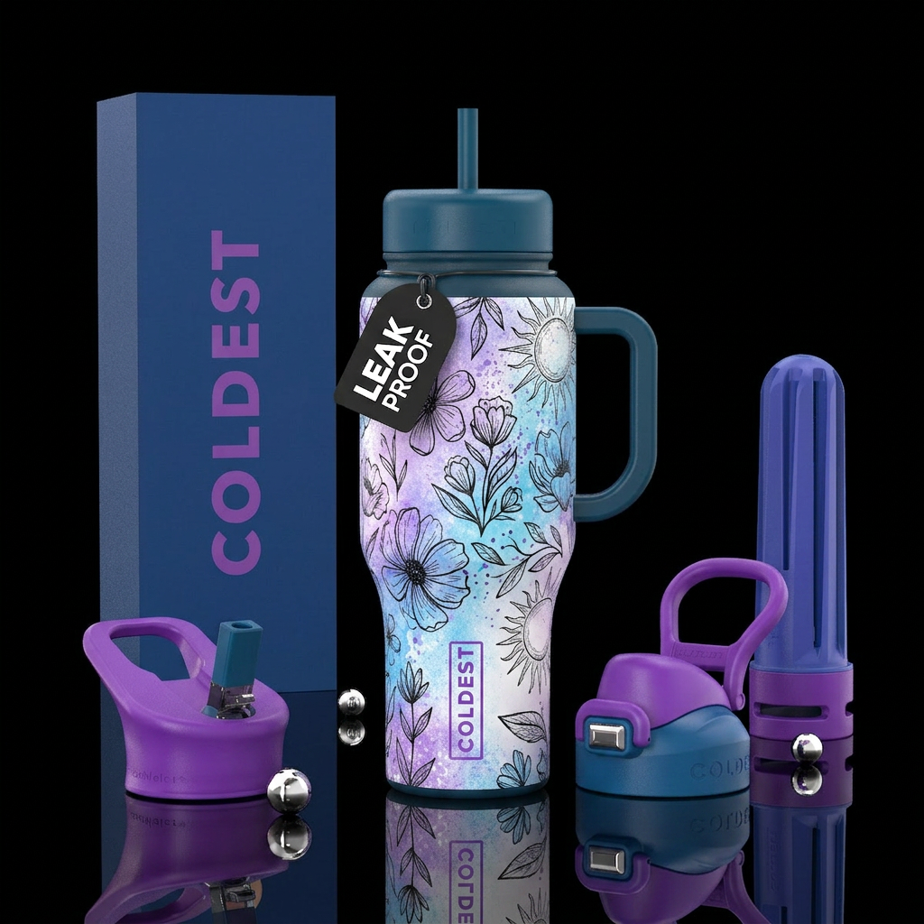 Glossy, floral, sunny, Purple, black, blue, whimsi... water bottle design