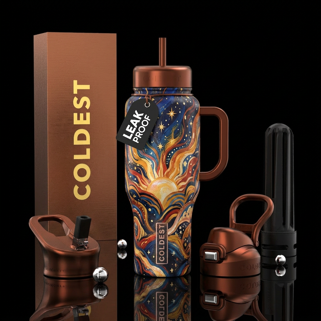 psychedelic, starry, energetic, sunrise, opulent, ... water bottle design