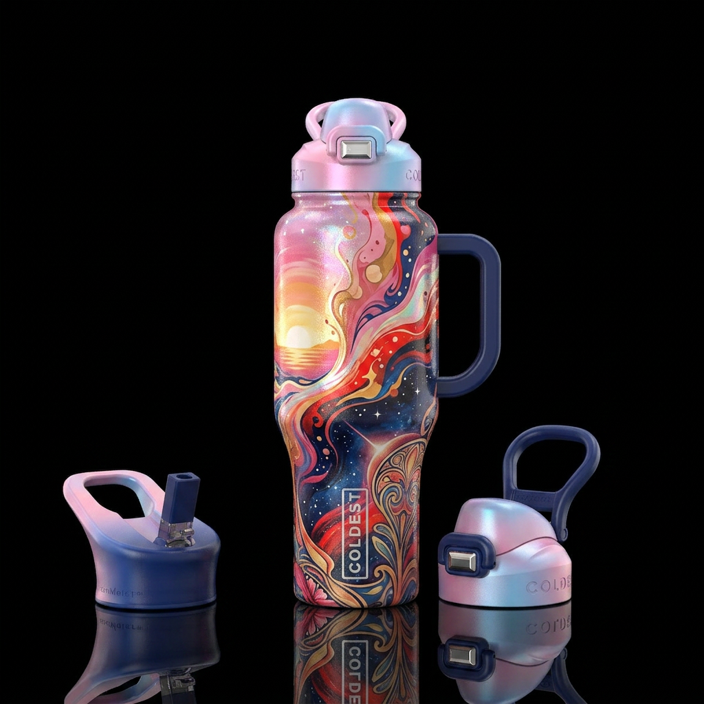 psychedelic, rose color,  pink, starry, energetic,... water bottle design