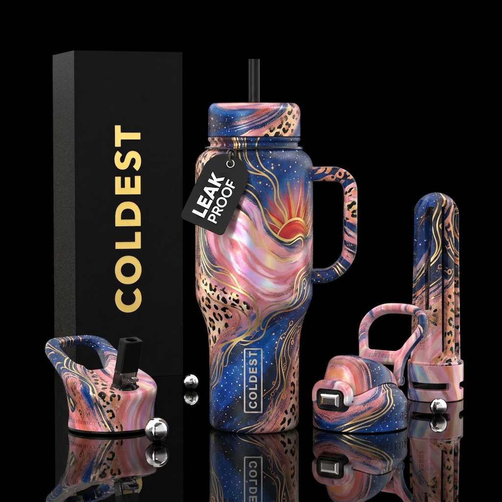 psychedelic, rose color,  pink, starry, energetic,... water bottle design
