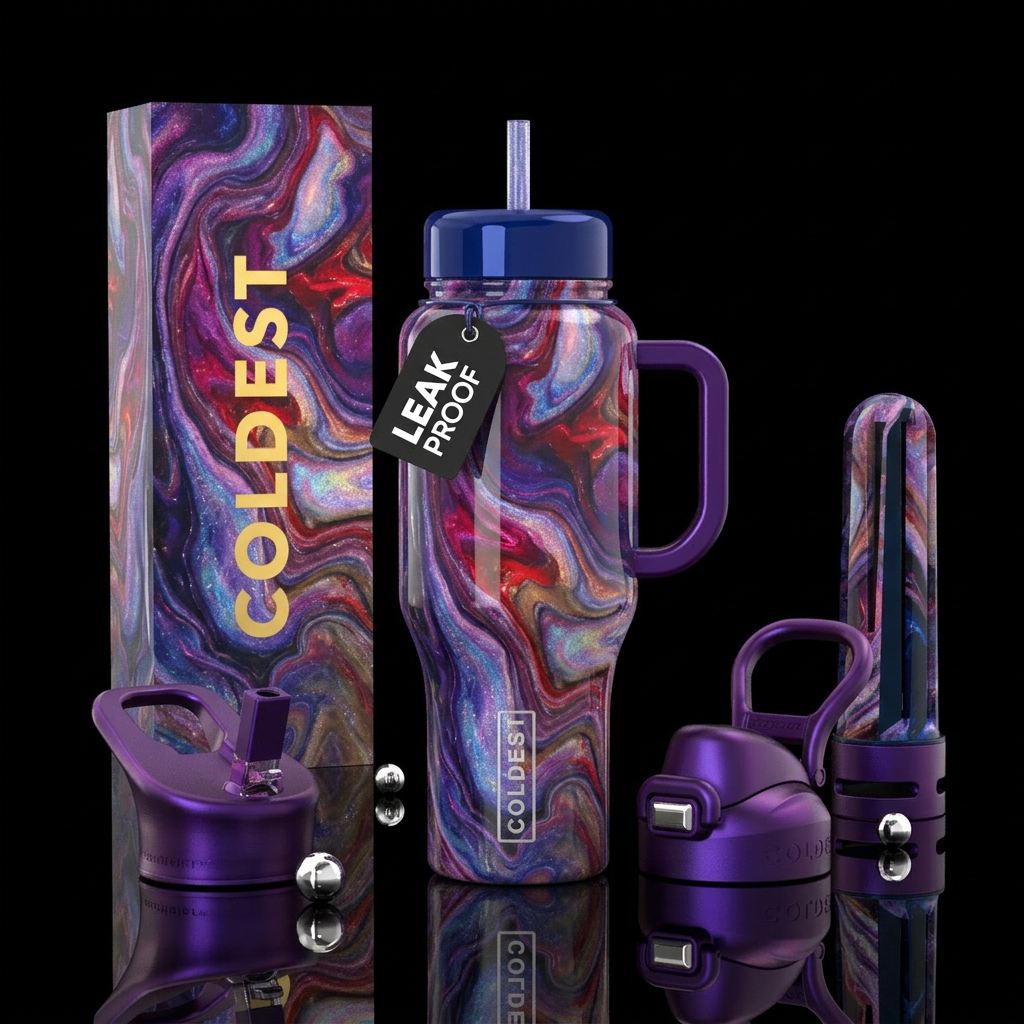 psychedelic, purple, energetic, opulent, peaceful,... water bottle design